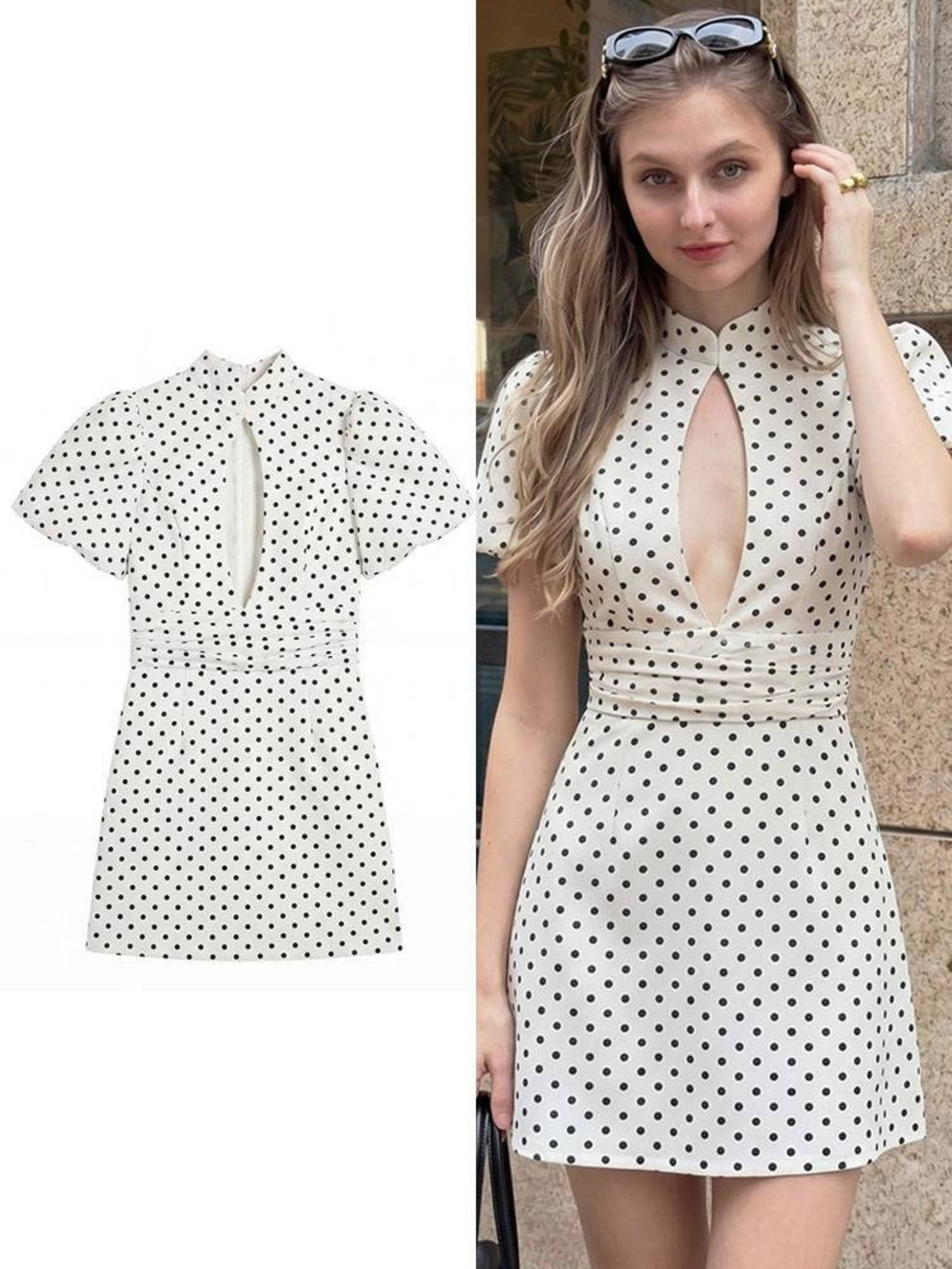 Summer Work Polka Dot Stand Collar Cutout Slim Fit Mini Dress